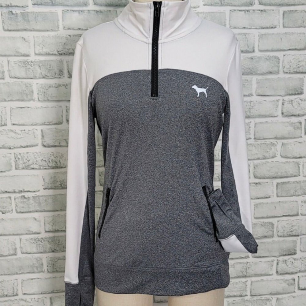 Victoria's Secret PINK ultimate pullover, 1/4 zip.‎ Size Small. Gray & white.